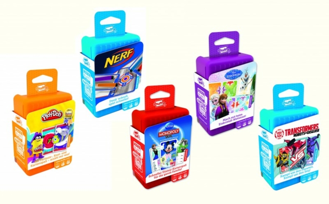 Das Gewinnspiel-Paket besteht aus den fünf verschiedenen Shuffle-Spielen Die Eiskönigin, Monopoly Deal, Nerf, Transformers und Play-Doh.